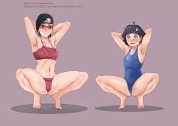 2girls aged_up armpits black_eyes black_hair blue_eyes blue_hair boruto:_naruto_next_generations exposed_breasts exposed_nipples exposed_pussy female female_only freshlyet multiple_girls naruto naruto_(series) naruto_shippuden sarada_uchiha small_breasts spread_legs spread_pussy spreading squatting stripes swim_trunks swimming_trunks swimsuit swimwear uzumaki_himawari