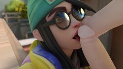 1boy 1girls 3d beanie blowjob german german_female hand_on_face killjoy_(valorant) klara_böhringer licking_penis ricepanda riot_games tongue_out valorant