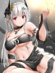 arknights arm_support armlet bare_shoulders bikini black_panties blush breasts choker cleavage eyebrows_visible_through_hair eyelashes_visible_through_hair female female_only hair_between_eyes hair_flower hair_ornament horns infection_monitor_(arknights) long_hair mudrock_(arknights) necklace official_alternate_costume oripathy_lesion_(arknights) panties pointy_ears red_eyes silver_hair simple_background sitting underboob yukinoshiro