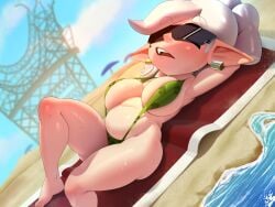 1girls 2022 absurd_res alternate_breast_size beach belly belly_button bikini breasts cephalopod_humanoid chubby chubby_female eiffel_tower fangs female female_only green_bikini idol inkling large_breasts lying_on_back marie_(splatoon) nintendo outdoors pointy_ears shades sharp_teeth shortstack slightly_chubby sling_bikini splatoon splatoon_(series) squid_sisters sunbathing sunglasses sweat sweaty_body tentacle_hair theboogie thick_thighs thighs tied_hair tinted_eyewear white_hair