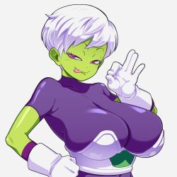 1girls alien alien_girl armor big_breasts breasts bunkwizard busty cheelai clothing dragon_ball dragon_ball_super fellatio_gesture female gesture gloves green_skin half-closed_eyes huge_breasts large_breasts looking_at_viewer ok_sign purple_eyes raised_eyebrows saankyu seductive seductive_smile smile solo solo_female tongue tongue_out white_hair