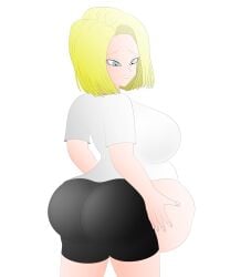 android_18 ass belly big_ass big_belly big_breasts blonde_hair breasts bubble_butt clothing dragon_ball dragon_ball_z female i-love-vore large_breasts oral_vore same_size_vore shorts tight_pants vore