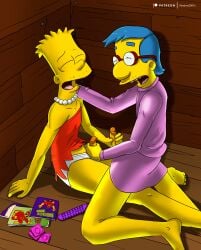 2017 2boys aged_up bart_simpson blue_hair closed_eyes clothing comics commission condom cosplay crossdressing crossplay digital_media_(artwork) dildo dress facial_hair gay gay_handjob gay_sex glasses handjob happy hi_res holding_penis imminent_orgasm laugh masturbating_other milhouse_van_houten mutual_masturbation necklace orgasm_face panties penis_size_difference sex_toy shadow2007x straddling_leg stroking_cock stubble studded_dildo terri_mackleberry the_simpsons uncensored vibrating_dildo vibrator yaoi yellow_hair yellow_skin