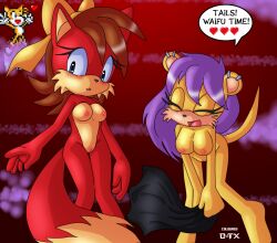 angelofhapiness anthro archie_comics bladetigerx blush breasts closed_eyes clothed clothing english_text female fiona_fox genitals group hi_res male mina_mongoose nude open_mouth purple_hair pussy red_body sega smile sonic_(series) sonic_the_hedgehog_(archie) sonic_the_hedgehog_(comics) sonic_the_hedgehog_(series) tails text trio yellow_body