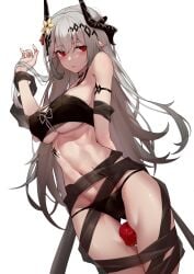 apple arknights armlet bangs between_legs bikini black_bikini blush breasts cleavage cowboy_shot eyebrows_visible_through_hair eyelashes_visible_through_hair fruit hair_ornament horns long_hair looking_at_viewer mudrock_(arknights) oripathy_lesion_(arknights) parted_lips pointy_ears red_eyes silver_hair simple_background swimsuit underboob white_background yukiaka