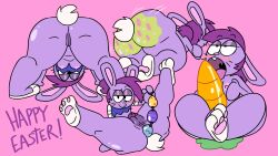 16:9 1girls 2022 anal anal_beads anal_sex anthro ass blush bodypaint breasts bunny bunny_enid carrot cartoon_network ears_back ears_down easter enid enid_(ok_k.o.!_lbh) female female_only food genitals half-closed_eyes hi_res holidays jones_boi mammal ok_k.o.!_let's_be_heroes pawpads penetration pink_background plant purple_fur purple_hair purple_text pussy rabbit sex_toy simple_background smile solo solo_anthro solo_female twerking twitter vegetable whiskers white_sclera widescreen