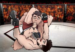 2boys beard black_hair blowjob blowjob_face boxers boxers_(clothing) david_allen david_howe duo gloves lesbiansergeant male male/male male_focus male_only motoanexo ufc underwear unknown_character wrestling