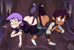 2girls amity_blight ass big_ass bisexual_(female) black_panties blush canon_couple disney female female_only hanging_wedgie looking_at_another looking_down luz_noceda multiple_girls panties print_panties purple_hair semidraws the_owl_house tree wedgie