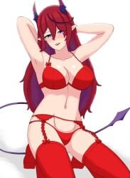 1girls ale_131 anime_onegai arms_behind_head blush bra cleavage demon_tail dengeki_onegai female_only full_body hoku_roboto horns latam_virtual_youtuber lingerie long_hair looking_at_viewer purple_eyes red_hair red_lingerie simple_background smiling_at_viewer succubus thighhighs thong virtual_youtuber