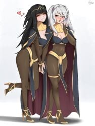 2girls alternate_costume black_hair black_nails blush bodystocking brown_eyes cape cleavage cloak dark_mage eyes_closed fire_emblem fire_emblem_awakening gold_(metal) gold_heels gold_jewelry happy heart hearts high_heels holding_hands in_love jewelry long_hair mage makeup medium_breasts nail_polish nintendo obsessed one_leg_up pointing robin_(fire_emblem) robin_(fire_emblem)_(female) see-through shaded_eyes simple_background smile tharja_(fire_emblem) tharja_(fire_emblem)_(cosplay) tsunsune white_background white_hair wholesome yuri