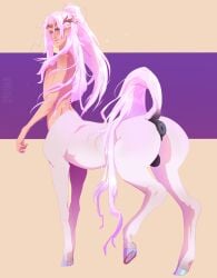 anus balls centaur equid equid_taur equine equine_taur genitals hair headgear hi_res hooves horse horse_taur human humanoid_taur hybrid looking_at_viewer looking_back looking_back_at_viewer male mammal mammal_taur pink_hair ponytail puffy_anus raised_tail smooshkin solo taur