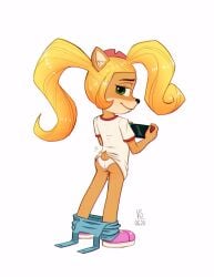 activision anthro ass blonde_hair clothed clothing coco_bandicoot crash_(series) electronics female footwear fur furry furry_only game_console hair looking_at_viewer looking_back nintendo_switch panties pants_down shirt smile smiling solo standing tail topwear underwear video_games vsdrawfag