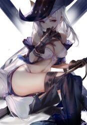 arknights bare_shoulders black_gloves bra breasts cleavage eyebrows_visible_through_hair female female_only gloves grey_eyes hair_between_eyes long_hair looking_at_viewer low-tied_long_hair panties rabbit_(tukenitian) silver_hair sitting skadi_(arknights) thigh_boots thighhighs very_long_hair white_bra white_panties