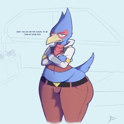 2020 ass avian beak big_ass blue_feathers english_text falco_lombardi fawxythings fox_mccloud male male_only pov star_fox text thick_thighs thighs wide_hips