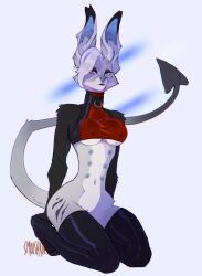 anthro beauty_mark breasts canid canid_demon canine canis clitoral_hood collar demon domestic_dog female hellhound hi_res josie_(smooshkin) kneeling latex_clothing latex_stockings looking_at_viewer mammal mostly_nude nipple_outline nipples smooshkin solo veilhound