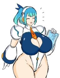 android blue_hair closed_eyes curvy female huge_breasts mega_man mega_man_x_dive momiji_(artist) rico_(mega_man) venus_body voluptuous white_background