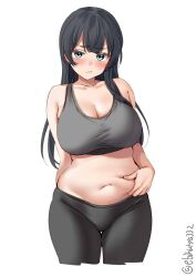 agano_(kantai_collection) alternate_costume belly_grab black_hair black_sports_bra blush breasts chubby cleavage collarbone cowboy_shot ebifurya eyebrows_visible_through_hair female green_eyes hair_between_eyes highres kantai_collection large_breasts long_hair midriff navel one-hour_drawing_challenge pants plump simple_background solo sports_bra stomach sweat twitter_username white_background yoga_pants