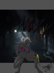 anthro breasts digital_media_(artwork) female genitals gun knife lagomorph leporid male mammal muscular muscular_female nøkk nipples nude pussy rabbit rainbow_six ranged_weapon simple_background solo text the_wyt ubisoft video_games weapon