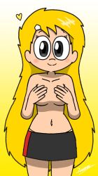 1girls adorable alternate_version_available belly belly_button black_skirt blush breasts censored covered_nipples covering_breasts cute female hairclip hand_covering_breasts hand_on_breast heart juanila_(writers_crusaders) legs long_hair short_skirt skirt smile smiling solo solo_female thighs topless wcjuan writers_crusaders yellow_hair