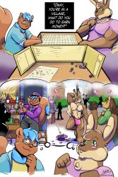 anthro background_character blue_hair blush board_game bow_tie brown_body brown_fur bulge character_sheet_(rpg) clothed clothing coin dancing dialogue dice dungeons_and_dragons duo earnings eli equid equine exhibitionism eyewear fantasy fur furniture game_(disambiguation) glasses gold_(metal) gold_coin green_eyes growth_potion growth_serum hair hasbro heart hi_res horse jockstrap lagomorph leporid male male/male mammal minifigure mocha_latte_love partially_clothed pencil_(disambiguation) playing playing_game pole pole_dancing potion potion_bottle rabbit rodent sciurid shadesflame shirt sitting snake_oil t-shirt table tabletop tabletop_game thought_bubble tipping tipping_hat topwear underwear undressing vest wizards_of_the_coast