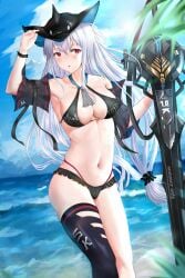 :o a-by arknights bare_shoulders beach blush breasts cleavage clouds female female_only hair_between_eyes halter_top halterneck hat holding_weapon looking_to_the_side low-tied_long_hair ocean silver_hair skadi_(arknights) string_bikini swimsuit sword very_long_hair water weapon