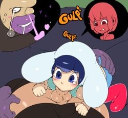 1girls 2016 2boys bed bedding black_pants black_skin black_speech_bubble black_top black_topwear blank_eyes blowjob blue_crop_top blue_eyes blue_hair blue_pants blue_pupils blue_topwear blush blushing captain_kirb chroniko crop_top embarrassed fellatio female gloves green_background gulp half-dressed half_naked hand_on_ass kaiba kaiba_(character) looking_pleasured male male/female necklace no_pupils onomatopoeia orange_text pants_around_thighs penis penis_in_mouth pink_blush pink_boots purple_gloves purple_lips red_body red_eyes red_pupils sex speech_balloon speech_bubble steam straight straight_sex sucking sucking_off sucking_penis sweat tears vanilla_(kaiba) vein warp_(kaiba) white_eyes white_hat white_sclera