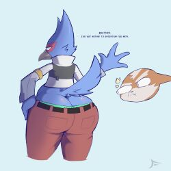 2020 2boys anthro ass ass_cleavage avian beak behind_view big_ass butt_crack dialogue english_text falco_lombardi fawxythings femboy fox_mccloud male male_focus male_only panties_peek rear_view star_fox text thick_thighs thighs underwear wide_hips