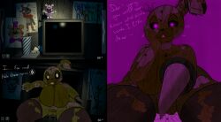 absurd_res angry animatronic anthro beverage big_breasts breasts buckteeth camera concept_art desesperadoleon dirty duo english_text female five_nights_at_freddy's five_nights_at_freddy's_3 freddy_fazbear's_pizzeria_simulator genitals glass glistening glistening_eyes glowing glowing_eyes grey_eyes hi_res lagomorph leporid looking_at_viewer machine male male/female mammal mtf_crossgender musical_instrument plucked_string_instrument possession pussy rabbit red_eyes robot rule_63 scar scottgames scraptrap springtrap springtrap_(fnaf) string_instrument teeth text thick_thighs vent video_games william_afton