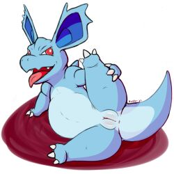 anus ausfer belly big_belly blue_body clitoris female feral genitals hi_res nidorina nintendo plump_vulva pokémon_(species) pokemon red_eyes slightly_chubby solo tongue video_games