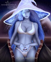 4_arms bikini blue_eyes blue_hair blue_skin bra cleavage cracked_skin curly_hair darkusomega elden_ring english_text female female_only fromsoftware long_hair looking_at_viewer medium_breasts multi_arm multi_limb one_eye_closed panties ranni_the_witch solo thigh_gap undressing white_bikini white_bra white_panties witch_hat