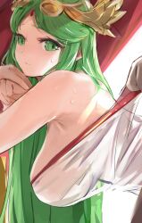 anxious arms_together being_undressed big_breasts blush green_eyes green_hair hand headwear horny kid_icarus light_beam nintendo offscreen_character palutena partially_clothed side_view super_smash_bros. tomas_(kaosu22) tomasupso2 wet wet_clothes