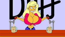 accurate_art_style animated beer beer_mug belly_button big_breasts blonde_hair bouncing_breasts breast_jiggle breasts breasts_bigger_than_head duff_beer earrings female female_only gif huge_breasts iamsum jiggling_breasts knotted_shirt large_breasts lipstick long_hair looking_at_viewer navel the_simpsons titania_(the_simpsons) top_heavy yellow_body yellow_skin