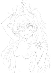 breasts cheerful eyebrows_visible_through_hair female hibiki_hojo houjou_hibiki kasanui line_art long_hair medium_breasts monochrome nude_female open_mouth petite precure pretty_cure slim_body slim_girl slim_torso small_breasts solo suite_precure teenage_girl teenager thin_arms thin_female twintails v vivacity wink