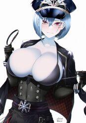 1girls 2022 5_fingers belly_button belt belt_buckle big_breasts black_bra black_clothing black_gloves blue_hair blue_skin blush blushing_at_viewer bra breasts breasts_apart breasts_bigger_than_head chains cleavage collar collarbone cuffs curvaceous curvy curvy_figure cute_fang eyebrows eyelashes eyeshadow female female_focus female_only gloves hair_over_eyes hat hi_res highres hourglass_figure huge_breasts jacket jacket_on_shoulders keno_ch large_breasts leash leash_and_collar looking_at_viewer military military_hat navel original original_character ornament ornaments pale-skinned_female pale_skin red_eyes short_hair simple_background skin_tight skindentation smile solo solo_female solo_focus toned toned_female toned_stomach