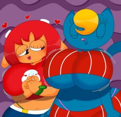 2girls 3barts anthro belt big_breasts blonde_hair breasts busty caprine clothing feline female female_only huge_breasts humanoid katy_kat lammy_lamb large_breasts looking_at_breasts panties pants parappa_the_rapper red_hair shirt thick_thighs um_jammer_lammy underboob wide_hips wristwear