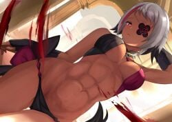 abs arakiya_(re:zero) bikini choker collar dark-skinned_female dark_skin dog_ears dog_girl dog_tail eye_patch large_breasts multicolored_hair muscles muscular muscular_female re:zero_kara_hajimeru_isekai_seikatsu red_eyes red_hair relpama silver_hair skimpy skimpy_clothes thick_thighs wide_hips