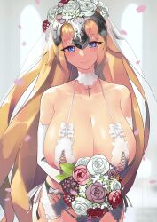 1girls 2022 blonde_hair blue_eyes blush bouquet breasts bride cleavage fate/apocrypha fate/grand_order fate_(series) female female_only flowers headgear hi_res holding_object huge_breasts jeanne_d'arc_(fate) long_hair looking_at_viewer marriage monkey_jon skindentation smile veil wedding_dress wedding_lingerie wedding_veil