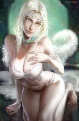 bare_shoulders barefoot big_breasts cleavage collar crossbreed_priscilla dark_souls dragon_girl feet female female_only freckles fromsoftware fur_trim furry_tail horns kneeling leaning_forward leotard lingerie painting painting_(artwork) ragecndy see-through_clothing slit_pupils smile solo tail white_fur white_hair