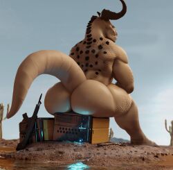 3d anthro ass bethesda_softworks big_ass big_ass_(male) big_butt cactus deathclaw desert detailed_background fallout fallout_4 feet gay horns huge_butt long_tail male male_only monster moreuselesssource moreuselesssource_(artist) muscular muscular_anthro muscular_male nude outside plant_scales presenting_ass thick_ass_monster