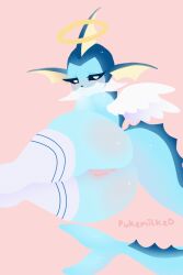 . angel animated anthro anus clothing eeveelution feathered_wings feathers female footwear genitals halo hi_res legwear nintendo pokémon_(species) pokemon pukemilked pussy smile socks solo stockings striped_socks thigh_socks thighhighs vaporeon video_games white_socks wings