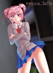 1girls accessory arms_crossed artist_name blue_skirt blurry blurry_background blush clothed clothes clothing cowboy_shot crossed_arms depth_of_field doki_doki_literature_club eyebrows_visible_through_hair female female_only hair_accessory hair_bow hairclip hairless_pussy light-skinned light-skinned_female light_skin matching_hair/eyes moca_1atte natsuki_(doki_doki_literature_club) no_panties no_underwear nopan paipan pink_eyes pink_hair pleated_skirt portrait pussy red_hair_ornament school_uniform short_hair skirt skirt_up solo solo_female standing swept_bangs thighs three-quarter_portrait tied_hair tired twintails uncensored uniform upskirt vagina