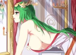 bent_over big_breasts cleavage fully_clothed getting_dressed goddess green_eyes green_hair horny kid_icarus necklace nintendo palutena partially_clothed partially_clothed_female sideboob super_smash_bros. thighhighs tomas_(kaosu22) tomasupso2 underboob