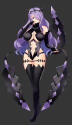 1girls alternate_costume alternate_version_available bare_midriff bare_thighs breasts camilla_(fire_emblem) cleavage cosplay elbow_gloves female female_only fingerless_gloves fire_emblem fire_emblem:_three_houses fire_emblem_fates gloves hair_over_one_eye horns kronya_(fire_emblem)_(cosplay) large_breasts long_hair midriff nintendo purple_eyes purple_hair smile solo thighhighs thighs tiredtorto underboob very_long_hair