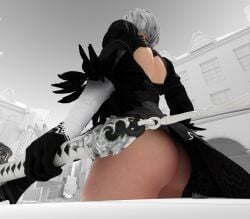 1girls 3d ass big_ass city clothing female giantess light-skinned_female light_skin macro nier nier:_automata sinnersynthetic skirt upskirt white_hair yorha_2b