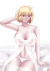 1girls ahoge arcueid_brunestud big_breasts blonde_hair cleavage female female_only lingerie negligee nipples_visible_through_clothing panties red_eyes short_hair sitting smile solo thick_thighs thighhighs tsukihime type-moon white_legwear white_panties white_thighhighs wide_hips zinfian