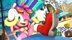 amy_rose beach boots_only chao_(sonic) day green_eyes inkling_boi_(artist) inklingboi02 nude nude_beach nude_female public public_nudity rouge_the_bat sonic_(series) sonic_the_hedgehog_(series) summer sweat