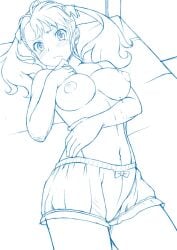 anohana:_the_flower_we_saw_that_day blush boyshorts breasts embarrassed female kasanui medium_breasts monochrome naruko_anjou nipples solo tears tied_hair topless twintails