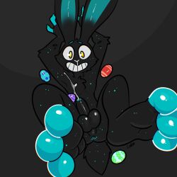 3_toes absurd_res anthro anus arms_above_head ass balls binch black_body black_fur bodily_fluids cheek_tuft chest_tuft cum cum_on_chest easter easter_egg elbow_tuft erection facial_tuft feet foot_focus foreskin freckles fur genital_fluids genitals green_body green_fur grey_background grin hi_res holidays humanoid_genitalia humanoid_penis inviting lagomorph leporid looking_at_viewer lying male mammal on_back penis perineum presenting presenting_anus presenting_balls presenting_hindquarters presenting_penis rabbit simple_background smile solo spread_legs spreading the_xing1 toes tuft wide_eyed