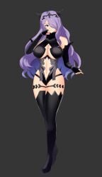 1girls alternate_costume bare_midriff bare_thighs breasts camilla_(fire_emblem) cleavage cosplay elbow_gloves female female_only fingerless_gloves fire_emblem fire_emblem:_three_houses fire_emblem_fates gloves hair_over_one_eye horns kronya_(fire_emblem)_(cosplay) large_breasts long_hair midriff nintendo purple_eyes purple_hair smile solo thighhighs thighs tiredtorto underboob very_long_hair