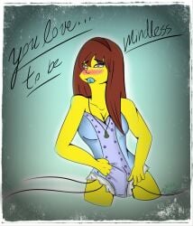 2018 allison_taylor blush brown_hair commission diaper erosarts_(fa) female_focus hypnosis onesie pacifier photo pink_eyes silk the_simpsons vibrator vibrator_under_clothes yellow_skin